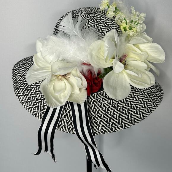 Black White Wide Brim Derby Hat Floral Feather Church Tea  display picture 2